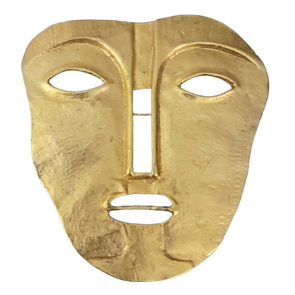 Maxine Denker Matte Gold Tone Tribal Face Mask Brooch, Unsigned - Picture 2 of 8